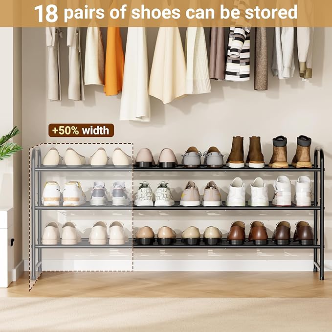 KEETDY 3-Tier Long Shoe Rack for Closet Metal Shoe Organizer for Entryway, Wide Stackable Shoe Storage Shelf with Sturdy Wire Grid for Closet Floor, Bedroom, Black