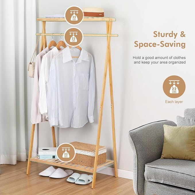 Bamboo Clothing Garment Rack with 2 Tier Storage Shelf Clohes Hanging Stand Portable Closet Organizer for Bedroom Small Apartment Guest Room Laundry Room