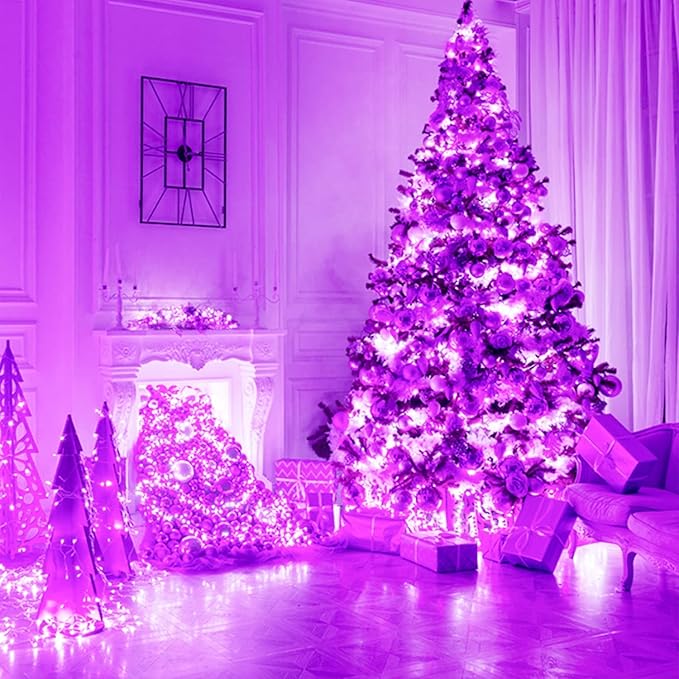 JMEXSUSS 91.5ft 250 LED Purple String Lights Indoor, Connectable 8 Modes Purple Christmas Lights Outdoor Waterproof, Plug-in Clear Wire Fairy String Light for Christmas Bedroom Party Tree Decorations