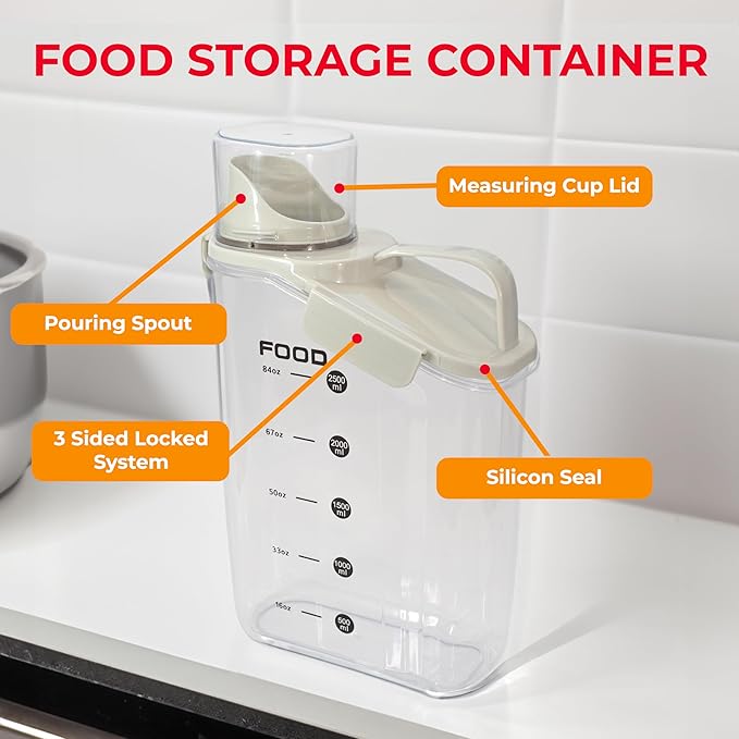 Two Pack Food & Cereal Storage Container - 2.6L Airtight Plastic Kitchen Organizer Bin with Pouring Spout, Measuring Cup Lid, Ideal for Dry Food, Rice, Sugar, Pet Food dispenser - BPA free