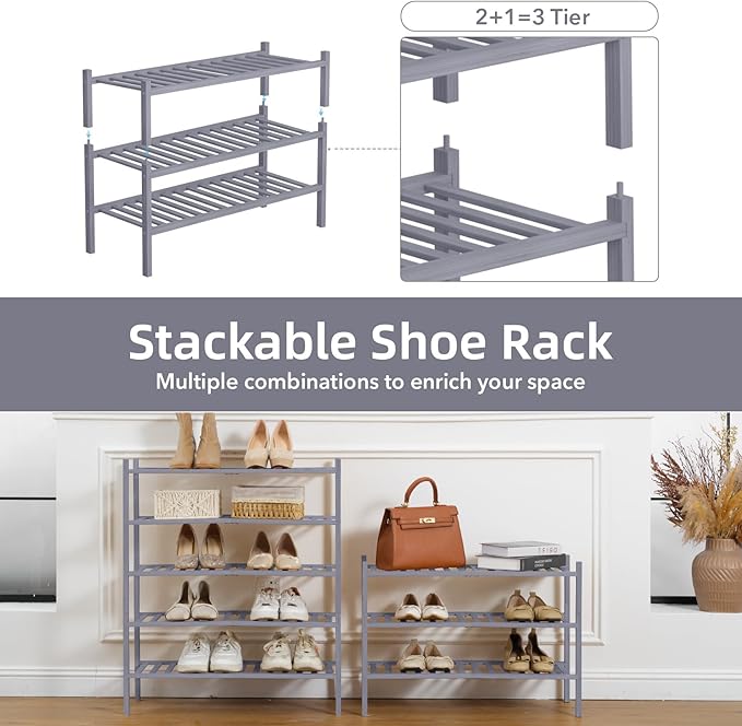 3 Tier Bamboo Shoe Rack Storage Organizer for Closet, Multifunctional Stackable Free Standing Shoe Shelf Organizer for Small Space,Entryway, Hallway, Bathroom27 x11 x20 (Grey, 3 Tier)