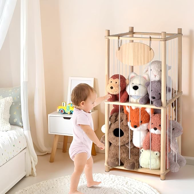 Stuffed Animal Storage Organizer - Thick Wooden Toy Zoo for Playroom & Bedroom (Medium)