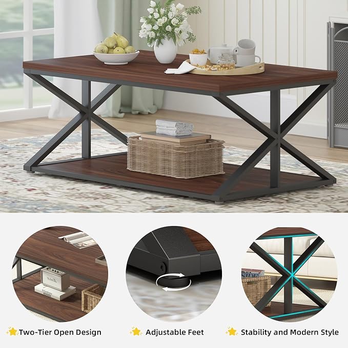 Launica Coffee Table with Storage, Modern Living Room Table, Minimalist Rectangle Center Table, Industrial Vintage Wood Tea Tables, 39 Inch, Walnut