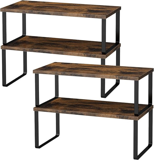 Cabinet Shelf Organizers, 15.7 inches Large Kitchen Counter Shelf, Set of 4 Wood Kitchen Pantry Organizer, Storage Shelves for Countertop, Spice Rack, Stackable, Expandable, Metal Black, Brown