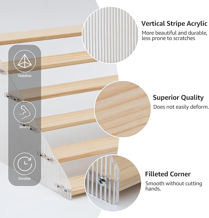 nianfeng Tiered Spice Rack, 6-Tier Spice Pantry Kitchen Cabinet Organizer, 12-Inch, Natural Wood Acrylic Stair Riser Stand, Countertop Seasoning Shelf
