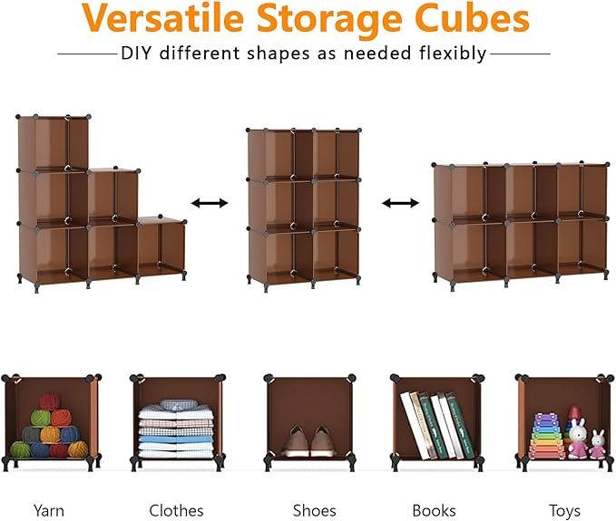 AWTATOS Cube Storage Organizer, Storage Cubes Shelves Bookshelf, 6 Cube Closet Organizers and Storage, DIY Stackable Plastic Clothes Organizer Shelving for Bedroom, Home, Cocoa Brown