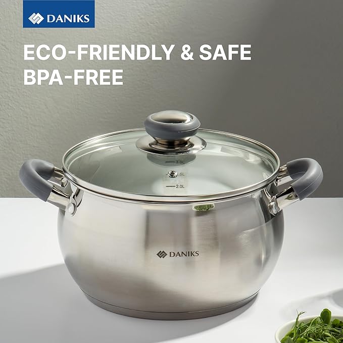 Daniks Modern Stainless Steel Stock Pot with Glass Lid – Induction 4 Quart, Dishwasher Safe, Heatproof Handles, For Soup, Pasta, Stew, Silver