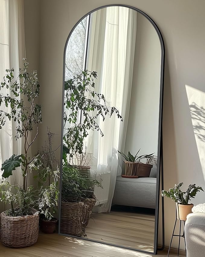 Full Length Mirror with Stand, 58"x18" Arched Full Body Mirror, Large Stand Up Aluminum Frame Floor Freestanding Hanging Leaning Mounted for Bedroom Living Room Entryway Black