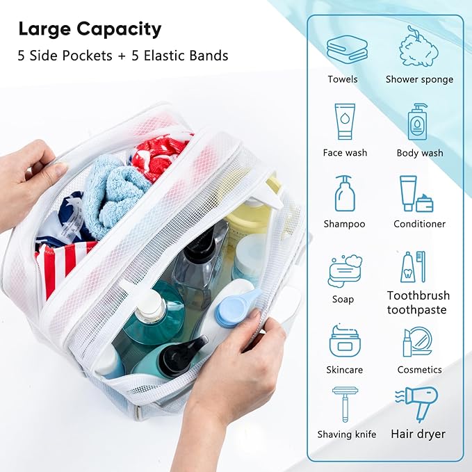 Large Mesh Shower Caddy with Wet & Dry Zones – Portable Hanging Toiletry Bag for College Dorm Room Essentials, Travel, Gym, Camping, Beach Tote Bag – Quick-Dry Shower Tote Organizer