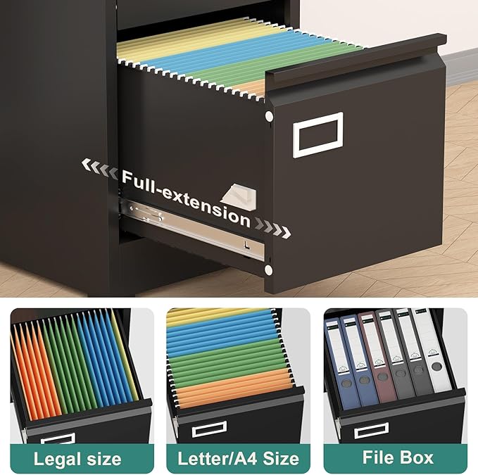 GREATMEET 2 Drawer File Cabinet with Lock, Small Metal File Cabinets for Home Office 2 Drawer, Black Vertical Filing Cabinets for Letter/Legal/A4/F4 Size File,Assembly Require