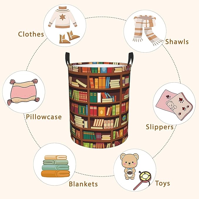 Library Book Shelf Pattern Laundry Basket,Waterproof Foldable Laundry Hamper,Dirty Clothes Laundry Basket, Linen Bin Storage Organizer for Toy Collection 16" x 20"