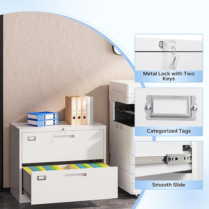 Lateral Filing Cabinet,2 Drawer File Cabinet with Lock,Office Lateral File Cabinets for Legal/Letter A4 Size,Require Assembly, White