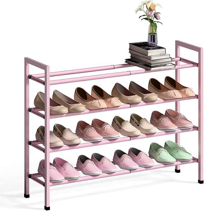 Bumusty 4-Tier Expandable Shoe Rack for Closet, 18“-33” Adjustable Shoe Rack for Small Space, Small Shoe Organizer for Front Door, Sturdy Metal, Pink