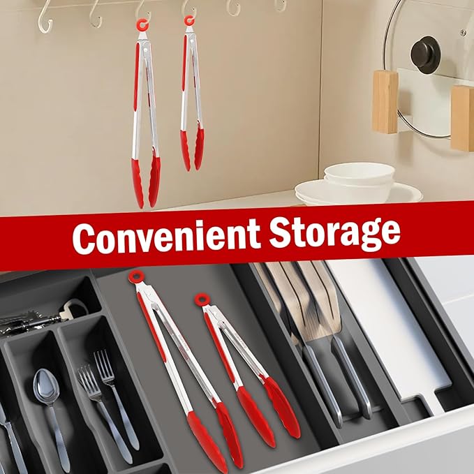 Silicone Kitchen Tongs for Cooking - 9+12 Inch Heat-Resistant Stainless Steel Cooking Tongs with Non-Slip Handle, Non-Scratch Tips for Grilling, BBQ, Salad & Air Fryer - 2-PieceRedSet