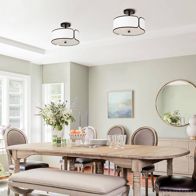 12.6" Semi Flush Mount Ceiling Light - 3 Light Drum Light Fixture with Black Border Fabric Shade, Modern Close to Ceiling Light for Dining Room Bedroom Kitchen Hallway Entryway, 2 Pack