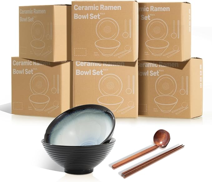 8 Inch Ceramic Ramen Bowl Set of 2, 40oz Japanese Bowls with Spoons & Chopsticks,Durable,Microwave & Dishwasher Safe,Perfect for Ramen,Pho,Salad,Soup,Noodles，Mixing bowls（Midnight）