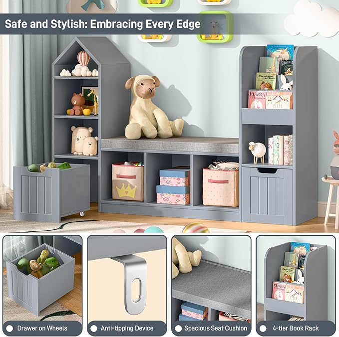 Kids Bookcase and Bookshelf with Reading Nook, Toy Storage Organizer for Kids, Grey Bookcase with 7 Storage Cubbies 2 Movable Drawers and Seat Cushion for Kids Room, Playroom, Bedroom