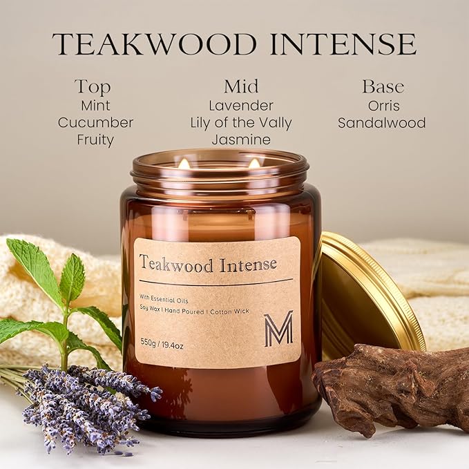 M&SENSE Teakwood Intense Home Scented Candle | 19.4oz, 116-Hour Burn | Natural Organic Soy Wax | Long-Lasting for Stress Relief and Gifting | for Bedroom，Relaxing SPA，Office