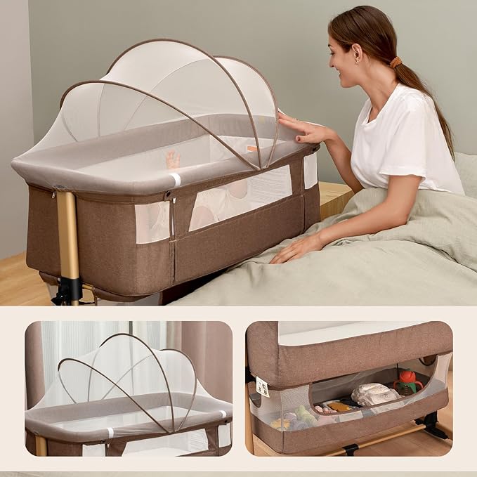 3 in 1 Baby Crib, Bassinet Bedside Crib Adjustable Portable Bed for Infant,Baby Newborn Must Have Bed,Khaki