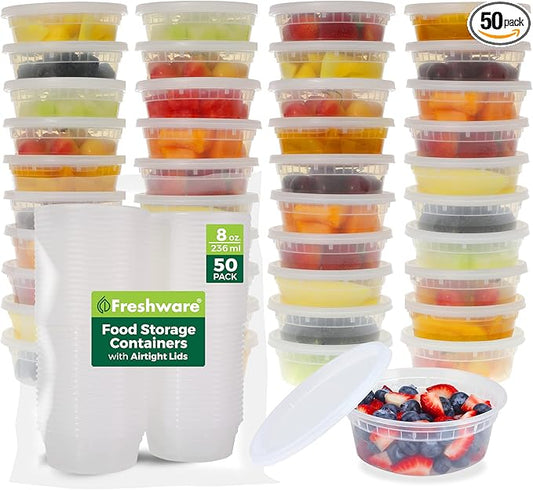 Freshware Food Storage Containers [50 Set] 8 oz Plastic Deli Containers with Lids, Slime, Soup, Meal Prep Containers | BPA Free | Stackable | Leakproof | Microwave/Dishwasher/Freezer Safe
