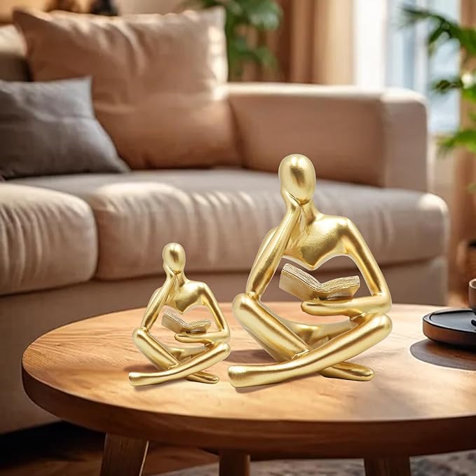 Bookshelf Decor, Golden Reading Thinker Sculpture Figurine, Coffee Table Decor, Entry Way Table Home Decor, Decorative Statue for Living Room, Office, Bedroom, Gift