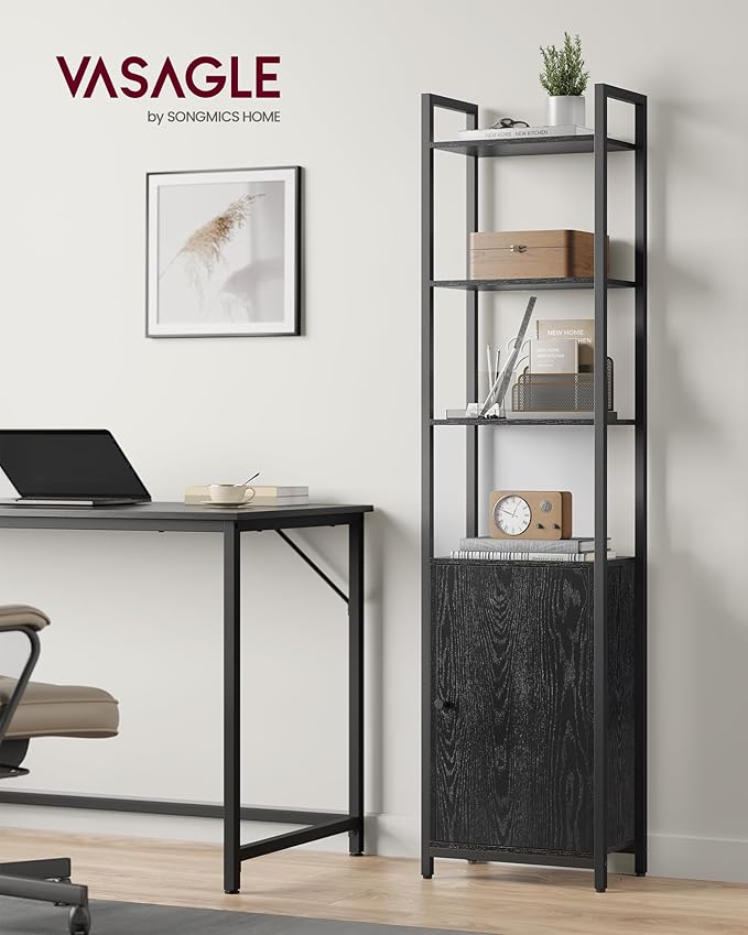 VASAGLE 6-Tier Bookshelf, Tall Bookcase with Cabinet, Steel Frame, Adjustable Shelves, 9.4 x 15.7 x 62.8 Inches, Living Room Bedroom, Ebony Black and Ink Black ULLS132B01