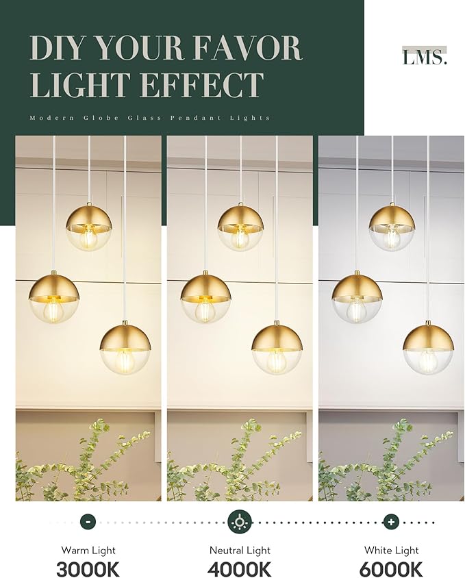 LMS Brushed Gold 3-Light Cluster Pendant Lights, Modern Kitchen Island Lighting with Clear Globe Glass Shade, Adjustable Hanging Cord Ceiling Light for Home Office Bathroom Dining Room, LMS-186BGC3