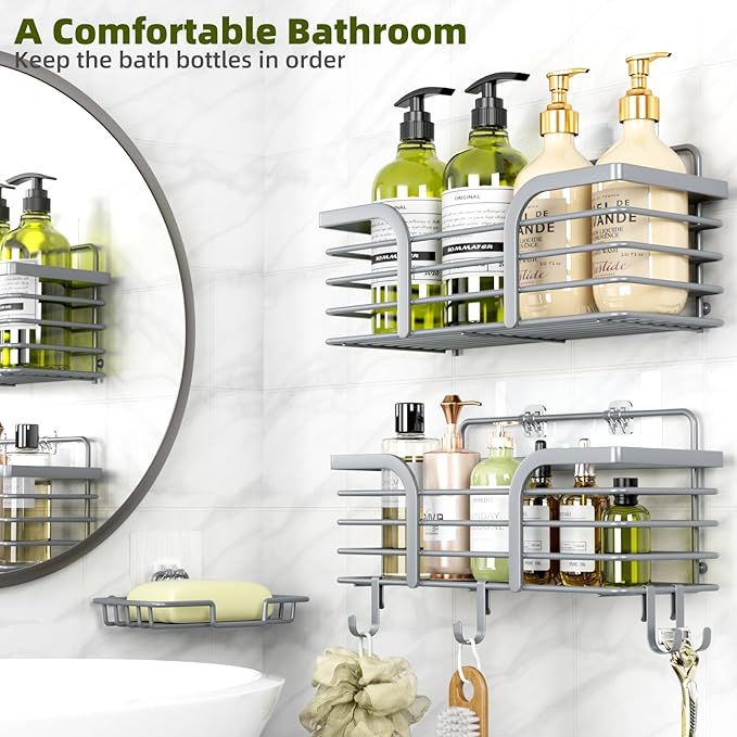 Shower Caddy 3 Pack, Adhesive Shower Shelf Organizer Rack, Rustproof Stainless Steel Bathroom Organizers and Storage, Large Capacity Wall Mounted No Drilling Bathroom Accessories