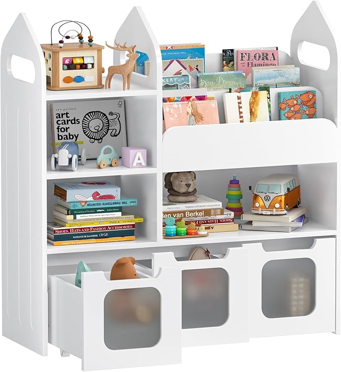 Toy Storage Organizer with 3 Movable Drawers and 3 Storage Cubby, 33.5" H Kids Bookshelf and Toy Storage，Book Shelf for Kids Room, Nursery, Playroom, Bedroom, White