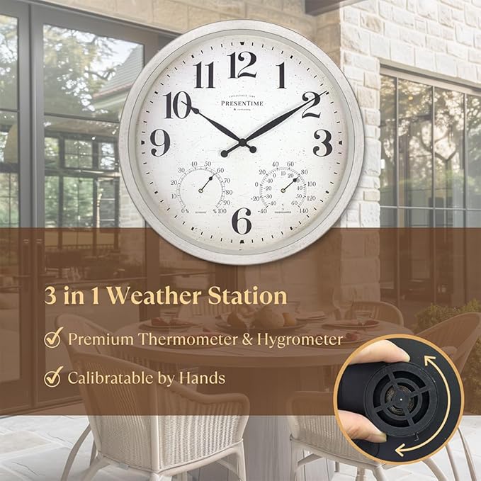 Presentime & Co 16" Farmhouse Series in/Outdoor Clock with Thermometer & Hygrometer, Weathered White Color. Weather Thermometer, Weather Station, Farmhouse Décor, Outdoor Décor, Wall Décor.