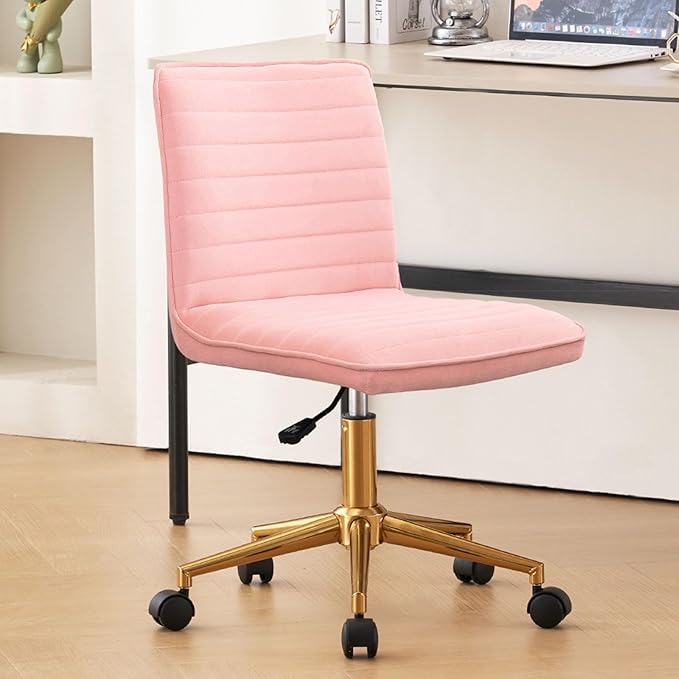 Furnimart Pink Swivel Armless Desk Chair with Wheels, Small Velvet Upholstered Home Office Desk Chair Mid-Back Adjustable Chair for Teen Girl Vanity Desk Bedroom Dorm Living Room (Velvet-Pink)