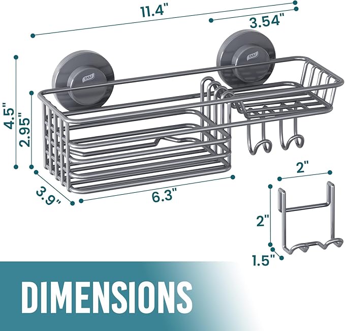 TAILI Shower Caddy Suction Cup with Hooks & Soap holder, Heavy Duty Bathroom Shower Organizer, No Drilling Shower Shelves for Inside bathroom, Metal Black Storage Basket-Grey