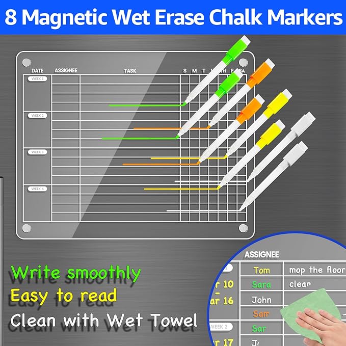 PigPotParty Acrylic Magnetic Monthly Chore Chart for Multiple Kids Roommates – 12"x9.5" Rotating Weekly Task Board for Kids Students Families, Clear Dry Erase Fridge Chart, w/ 8 Markers & 1 Towel