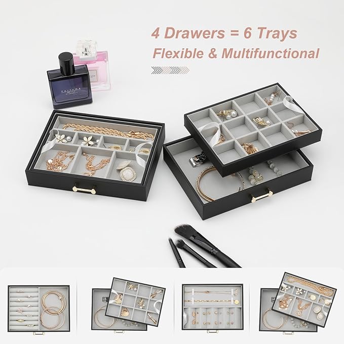Jewelry Organizer with 4 Drawers, Women Jewelry Box with 6 Jewelry Trays Stackable Jewelry Holder for Earrings Ring Bracelet Necklace, Black