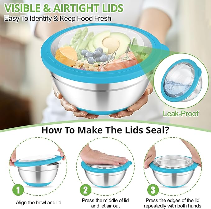 TeamFar Mixing Bowls, 5PCS Stainless Steel Serving Salad Bowls with Lids, For Kitchen Mixing/Baking/Storing/Prepping, Visible & Airtight, Non-Slip Bottom - 4.6/3.5/1.5/1 / 0.7 QT, Multi-color