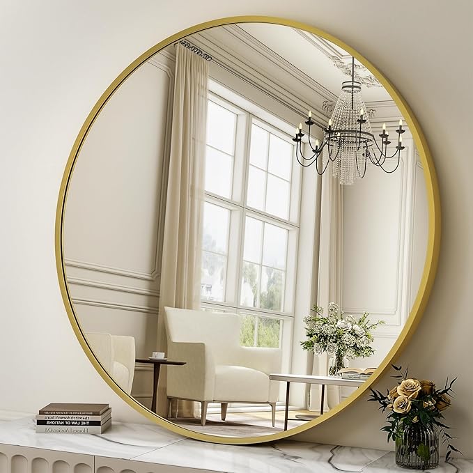 40 Inch Round Mirror - Circle Mirrors for Bathroom, Entryway and Living Room Wall Decor, Modern Hanging Vanity Mirror, Matte Gold Circle Decorative Wall Mirror