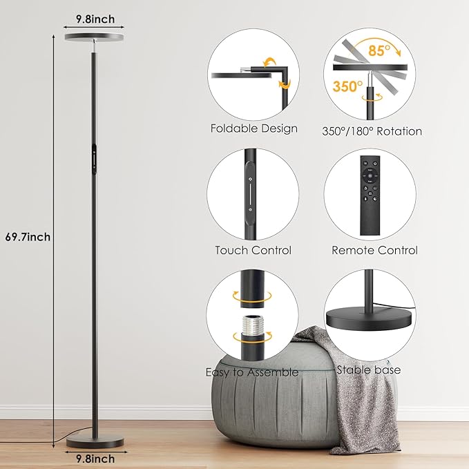 Floor Lamps for Living Room, 32W 3000LM Super Bright LED Torchiere Floor Lamp with Remote & Touch Control, 69" Tall Standing Lamp with 350°Rotating Head for Reading Office Bedroom
