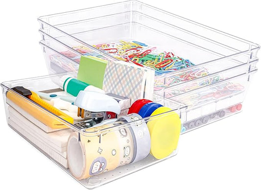 4 PCS Clear Plastic Drawer Organizer, Desk Drawer Divider Organizers and Storage Bins for Makeup, Jewelry, Gadgets for Kitchen, Bedroom, Bathroom, Office (9.0"x6.0"x2.2")