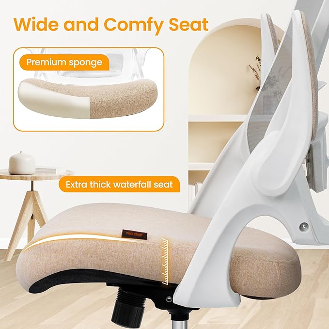 NEO CHAIR Ergonomic Office Desk Chair High Back Computer Gaming Mesh Chair with Comfy Task Adjustable Arms Lumbar Support Headrest Swivel for Home Office (Beige)