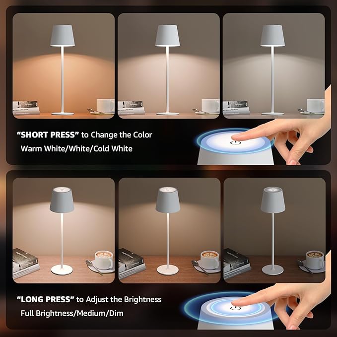 uuffoo 3 Pack Rechargeable Table Lamp Battery Operated Cordless Table Lamps with 3 Colors Stepless Dimming, Desk Night Light for Restaurant, Patio, Bedroom, Bar (White)