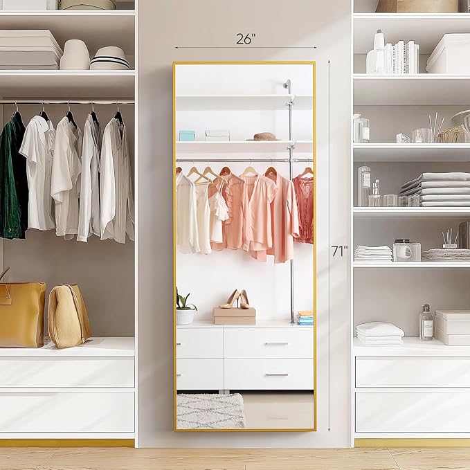 OLIXIS Full Length Mirror 71"x26" for Bedroom, Full Body Mirror with Stand, Hanging or Leaning for Wall, Aluminum Alloy Thin Frame Floor Standing for Living Room, Long, Classical Gold