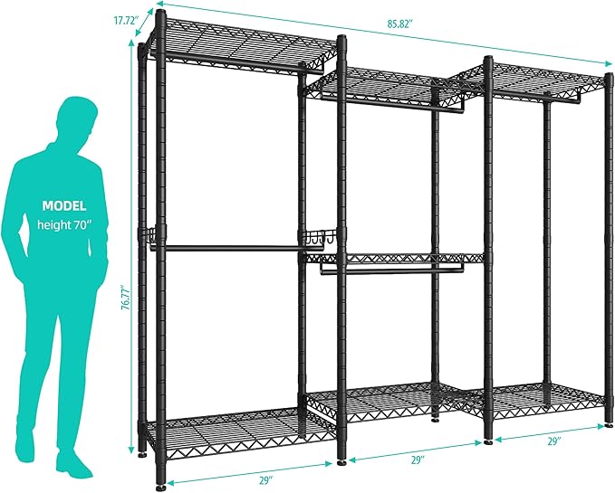 PUNION GR7 Plus Large Portable Closet Wardrobe Heavy Duty Clothes Rack, Freestanding Wardrobe Closet with 5 Hang Rods & 7 Shelves, 2 Hooks, Adjustable Clothing Rack, 86"L x 18”W x 77”H, 1500LBS, Black