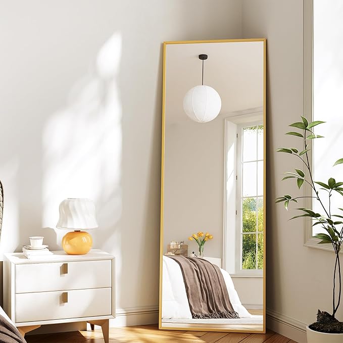 Koonmi Large Mirrors, 64"x21" Full Length Mirror with Stand, Full Body Mirror with Aluminum Alloy Frame, Hanging or Leaning Against Wall Floor Standing Mirrors for Bedroom Living Room, Gold
