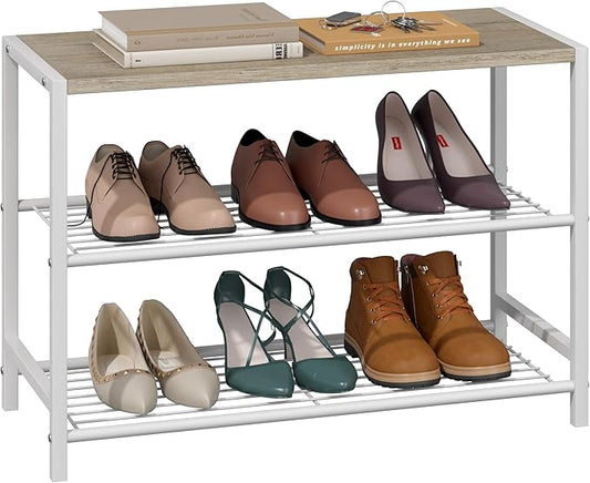 Yusong Shoe Rack Organizer, 3 Tier Industrial Shoe Storage Shelf for Closet Entryway, Narrow Sturdy Metal Shoe Shelves, White