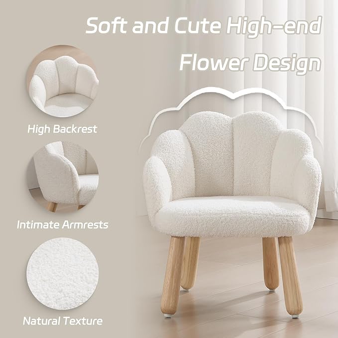 Toddler Chairs, Kid Chairs with Solid Wooden Frame, Toddler Armchair Comfy, Upholstered Kids Chair with Flower Back, Kid Sofa, Toddler Couch for Playroom, Kindergarten & Preschool, White