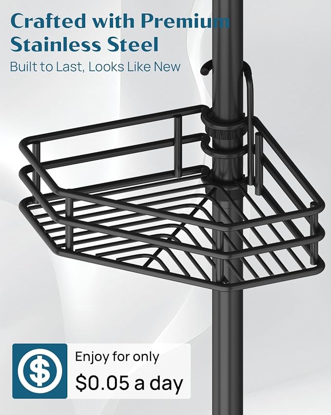 SEIRIONE Corner Shower Caddy Tension Pole, Quick Setup, Rust-Free Bathroom Shower Organizer Corner for Bathtub Shampoo Storage, 4-Tier Adjustable Shelf, Drill Free, Fits 39 to 113 Inch Height, Black