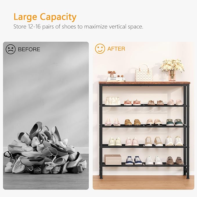 usikey 5-Tier Shoe Rack, Industrial Shoe Storage Organizer for 12-16 Pairs of Shoes, Metal Shoe Shelf with Wooden Top, Shoe Stand with 3 Metal Shelves for Entryway, Hallway, Closet, Rustic Brown
