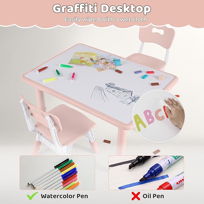 Kids Table and 4 Chairs Set, Height Adjustable (17.7"-26.1") Toddler Table and Chair Set, Multi-Activity Table with Graffiti Desktop, Children’s Table and Chairs for Classroom, Home & Daycare