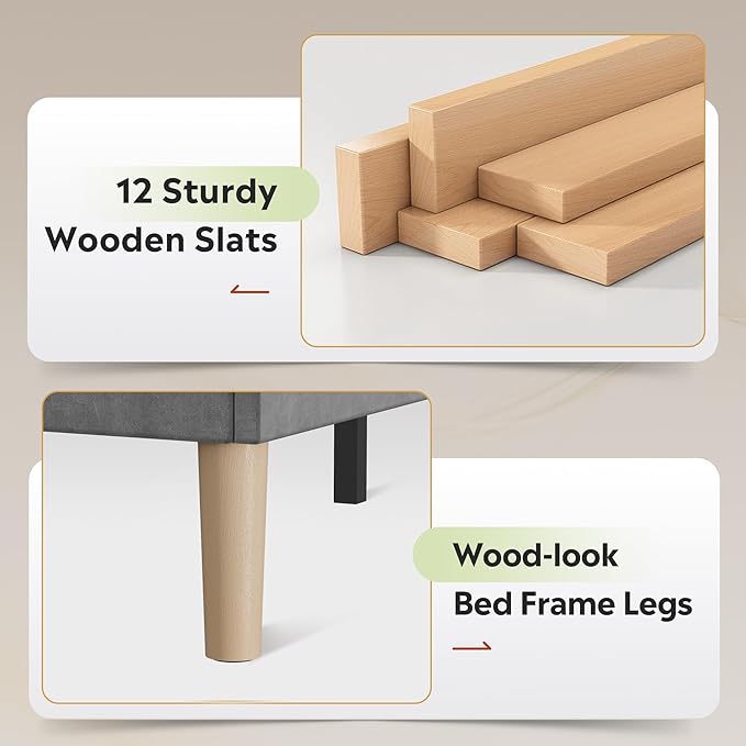 WLIVE King Size Upholstered Bed Frame with Storage Headboard, Velvet Square Tufted Platform Bed with Charging Station, Sturdy Metal & Wooden Slats Support, No Box Spring Needed, Grey