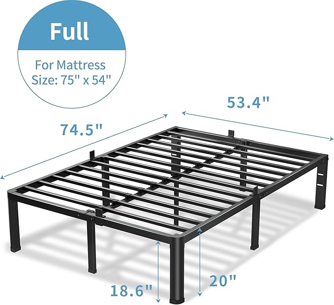 20 Inch Full Size Bed Frame, 3500Lbs Heavy Duty Metal Platform with Round Corner Legs Mattress Slide Stopper, Steel Slat Support No Box Spring Needed, Noise Free, Non-Slip, Easy Assembly